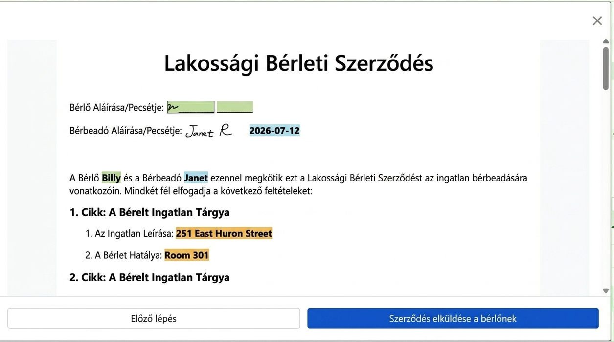 Szerződés előnézete és elküldés bérlői aláírásra