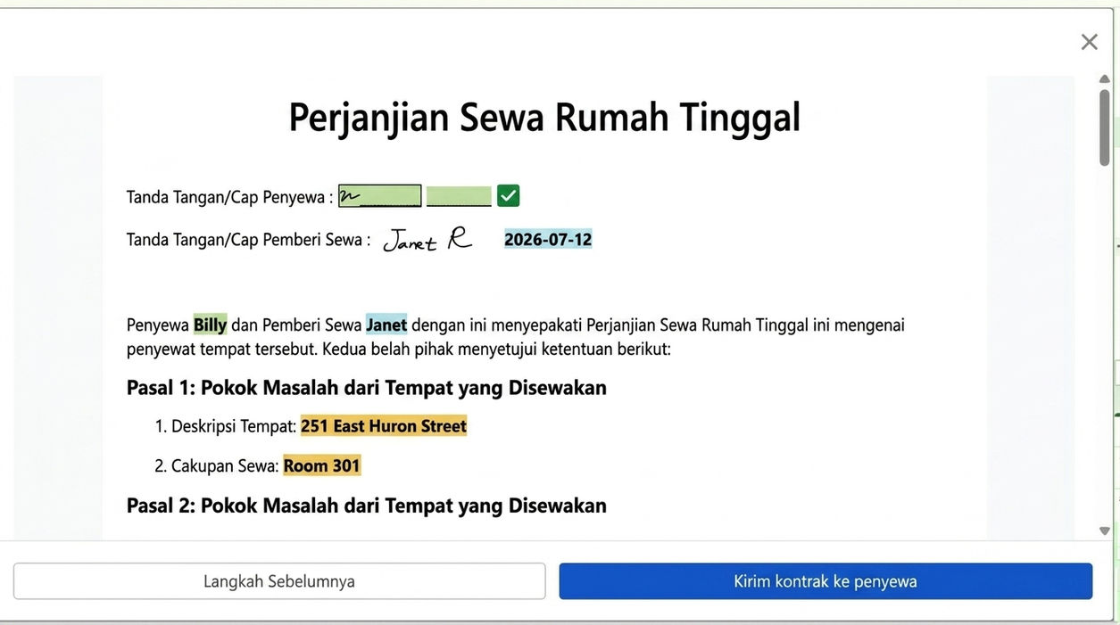 Tinjau kontrak dan kirimkan kepada penyewa untuk ditandatangani