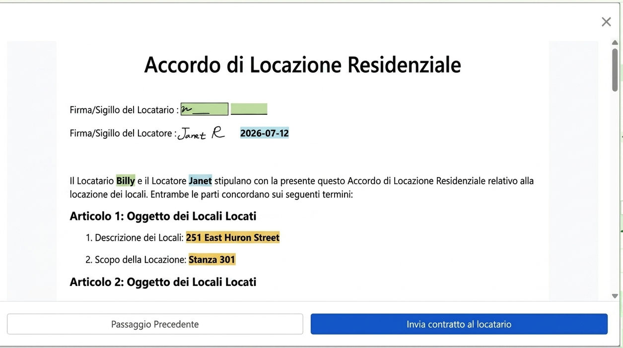Anteprima contratto ed invio all'inquilino per la firma