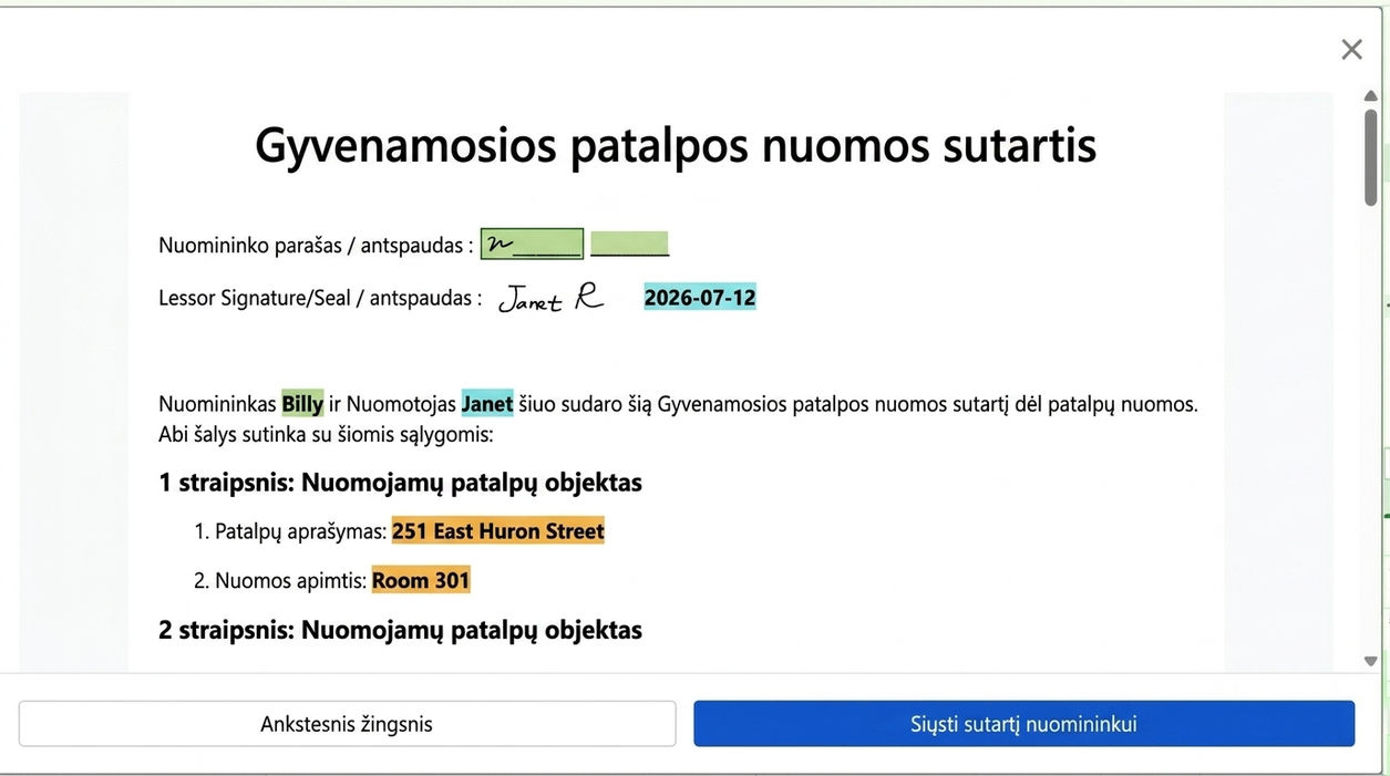 Peržiūrėti sutartį ir išsiųsti nuomininkui pasirašyti