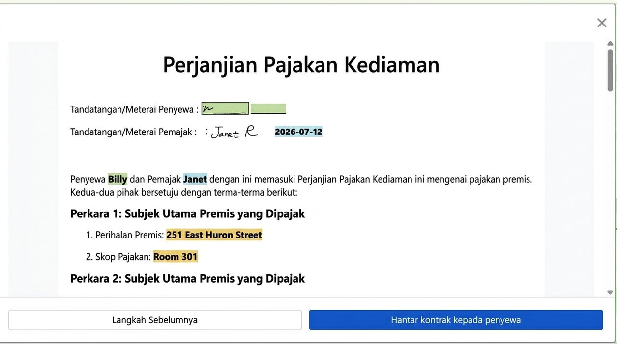 Tinjau perjanjian dan hantar kepada penyewa untuk tandatangan