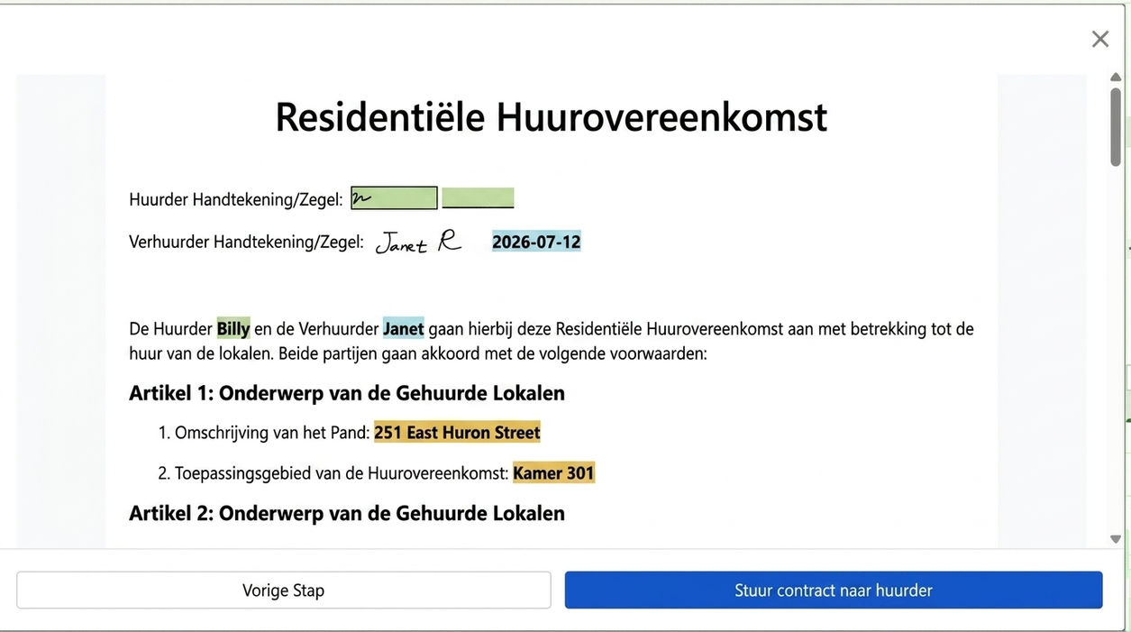 Bekijk contract en verzend naar huurder voor ondertekening
