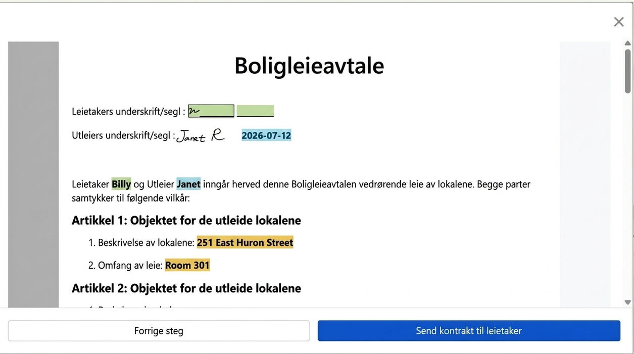 Forhåndsvis kontrakten og send til leietaker for signering