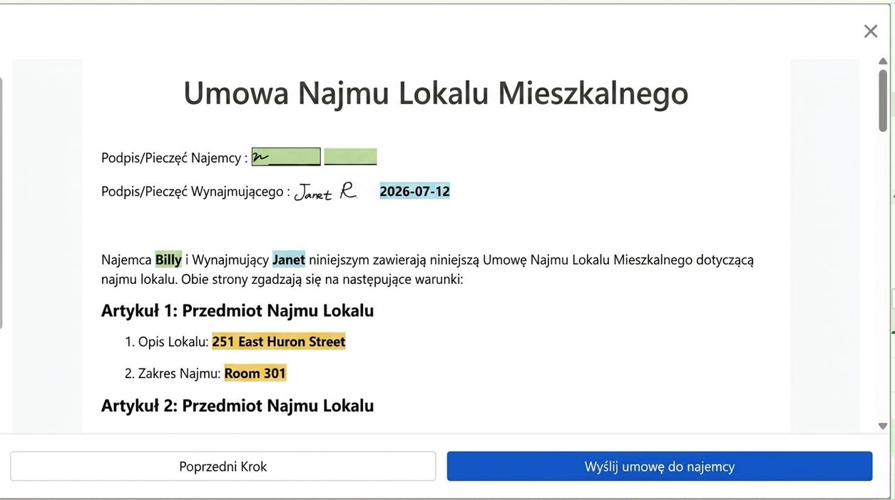 Podgląd umowy i wysyłka do podpisania przez najemcę