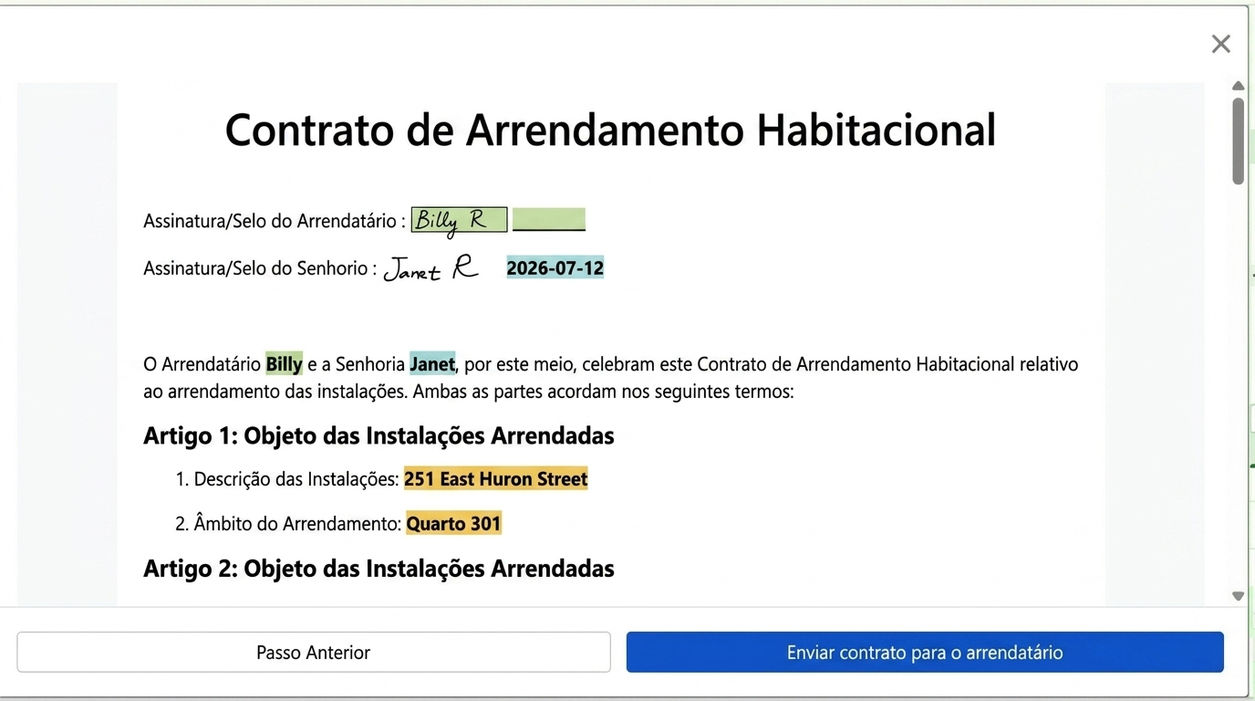 Pré-visualizar e enviar contrato para assinatura do inquilino