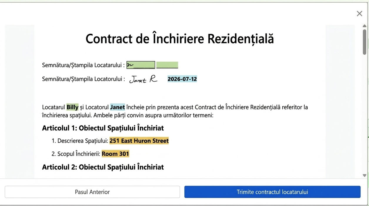 Vizualizați contractul și trimiteți-l chiriașului pentru semnare