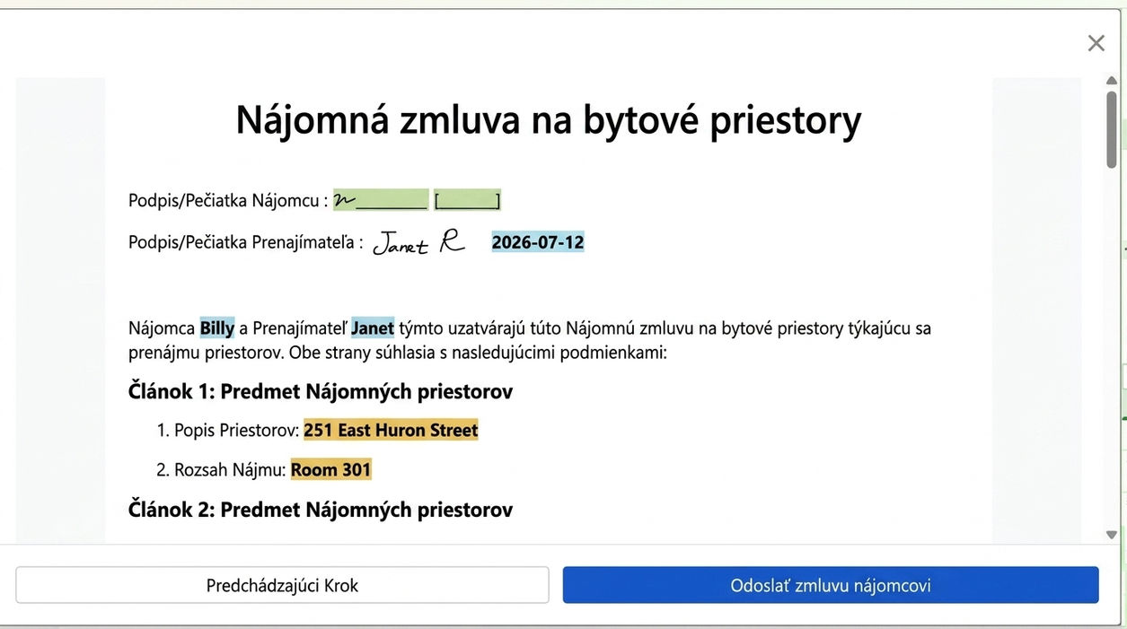 Prehliadnite si zmluvu a odošlite nájomcovi na podpis