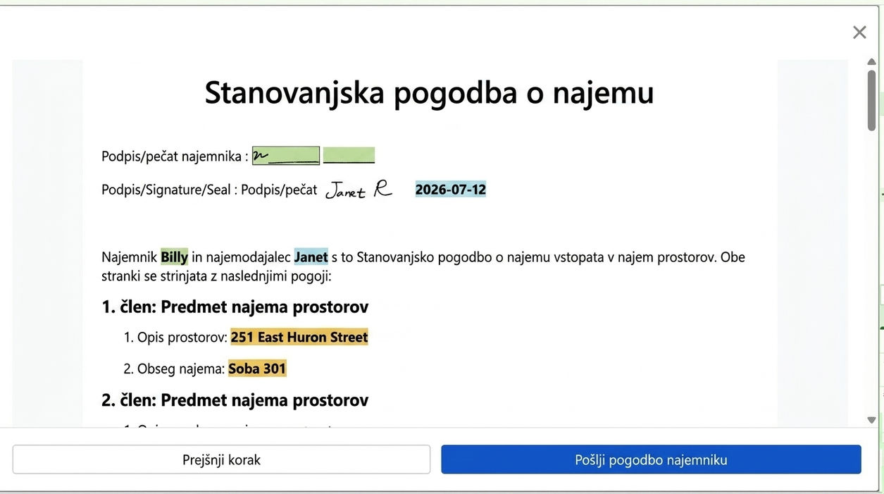 Preglejte pogodbo in jo pošljite najemniku za podpis