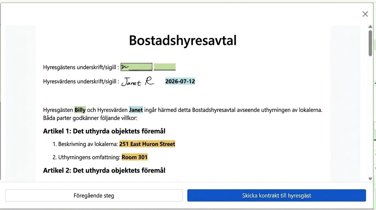 Förhandsgranska avtalet och skicka till hyresgästen för signering