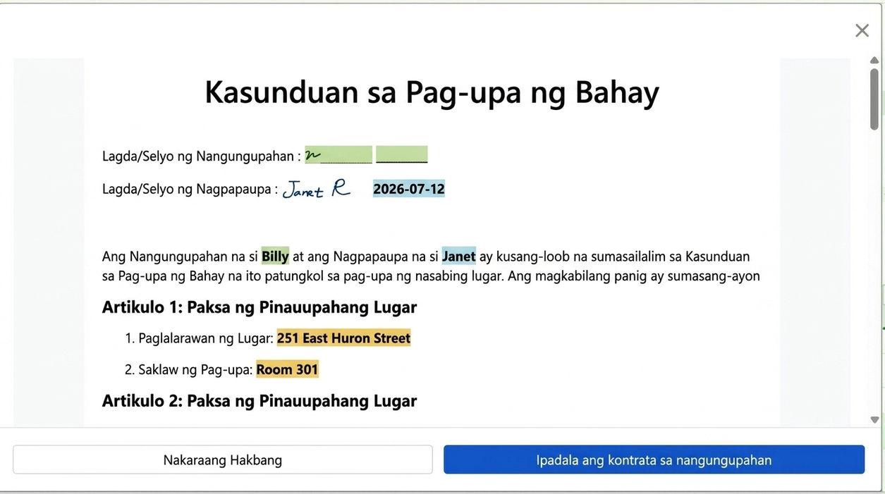 I-preview ang kontrata at ipadala sa tenant para sa pirmahan