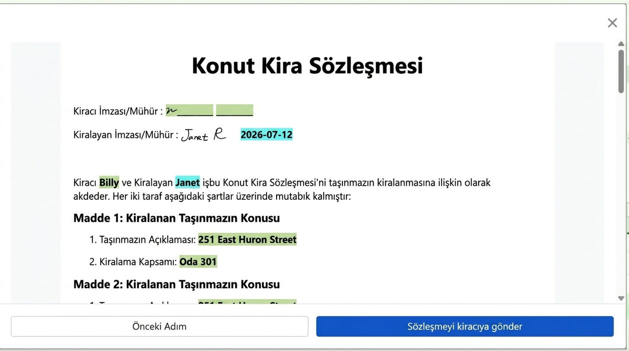 Sözleşmeyi ön izleyin ve imzalamak için kiracıya gönderin