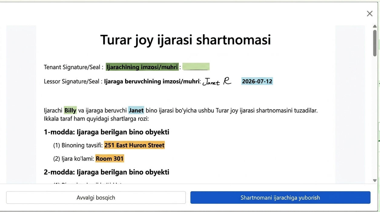 Shartnomani oldindan ko'rib kiruvchiga imzo uchun yuboring