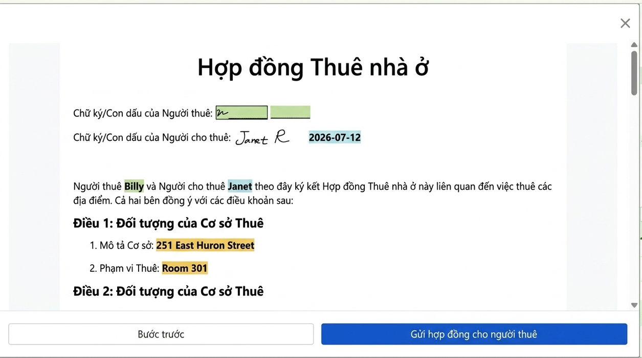 Xem trước và gửi hợp đồng cho người thuê ký