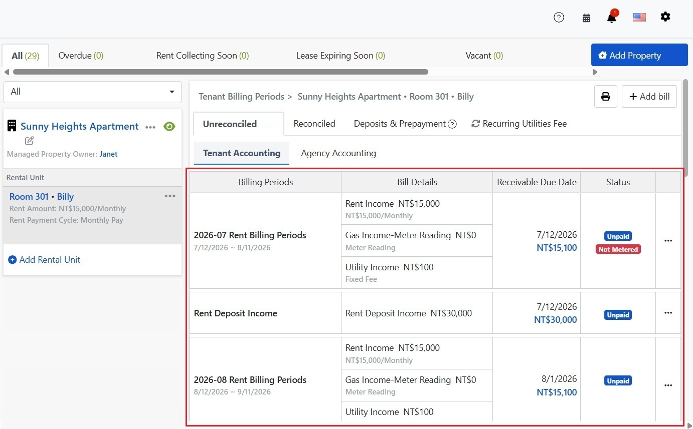 Tenant Billing Tab: Auto-Generated Rent and Deposit Cycles