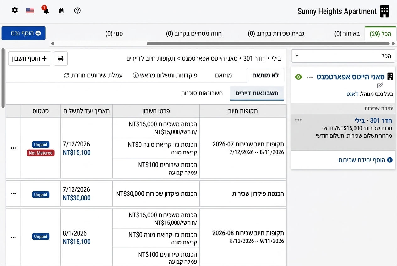 כרטיסיית חיובי דיירים: מחזורי שכר דירה ופיקדון שנוצרו אוטומטית על ידי המערכת