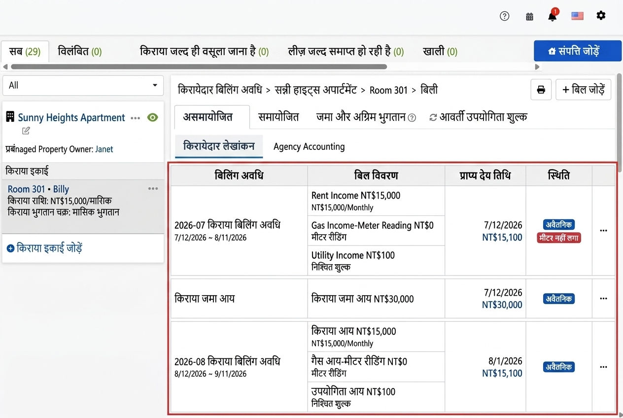 किरायेदार आर्थिक स्थिति टैब: सिस्टम उत्पन्न किया गया किराया बिलिंग साइकिल और जमा राशि