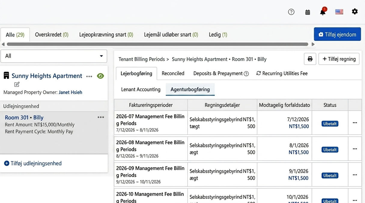 Mæglerfaktureringsfanen: Automatisk genererede periodiske administrationsgebyrer