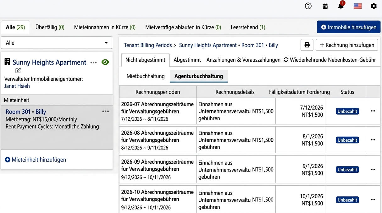 Agenturabrechnung Tab: Vom System automatisch erstellte periodische Verwaltungskostenabrechnungen