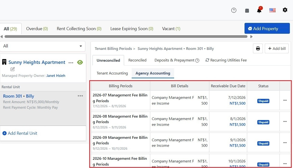 Agent Ledger Tab: System-generated periodic management fee billing cycle