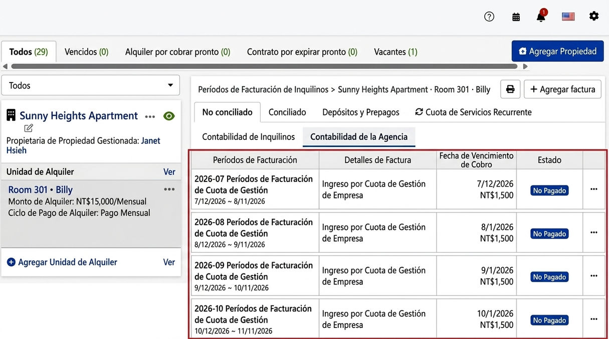 Pestaña de finanzas de agencia: Períodos de tarifas administrativas generados automáticamente