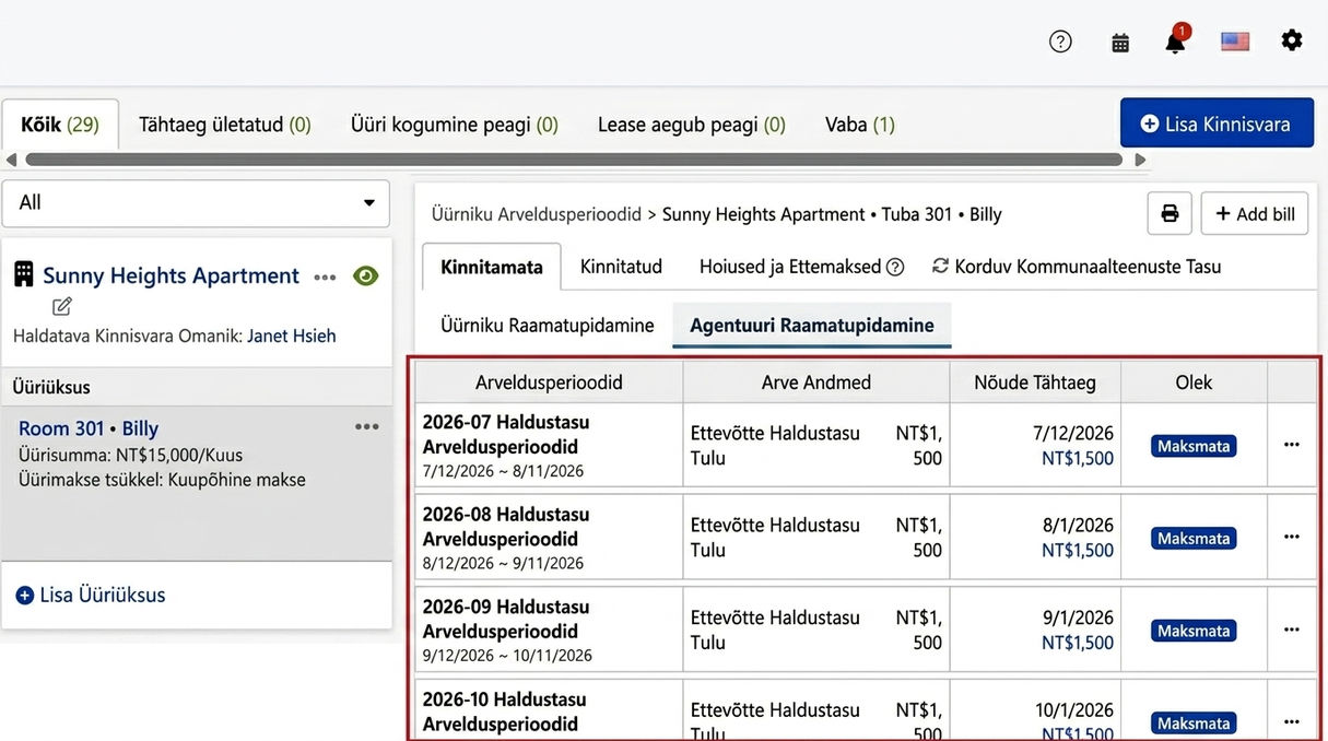 Kinnisvarahalduse arvelduskaart: automaatselt loodud regulaarsed haldustasude arved