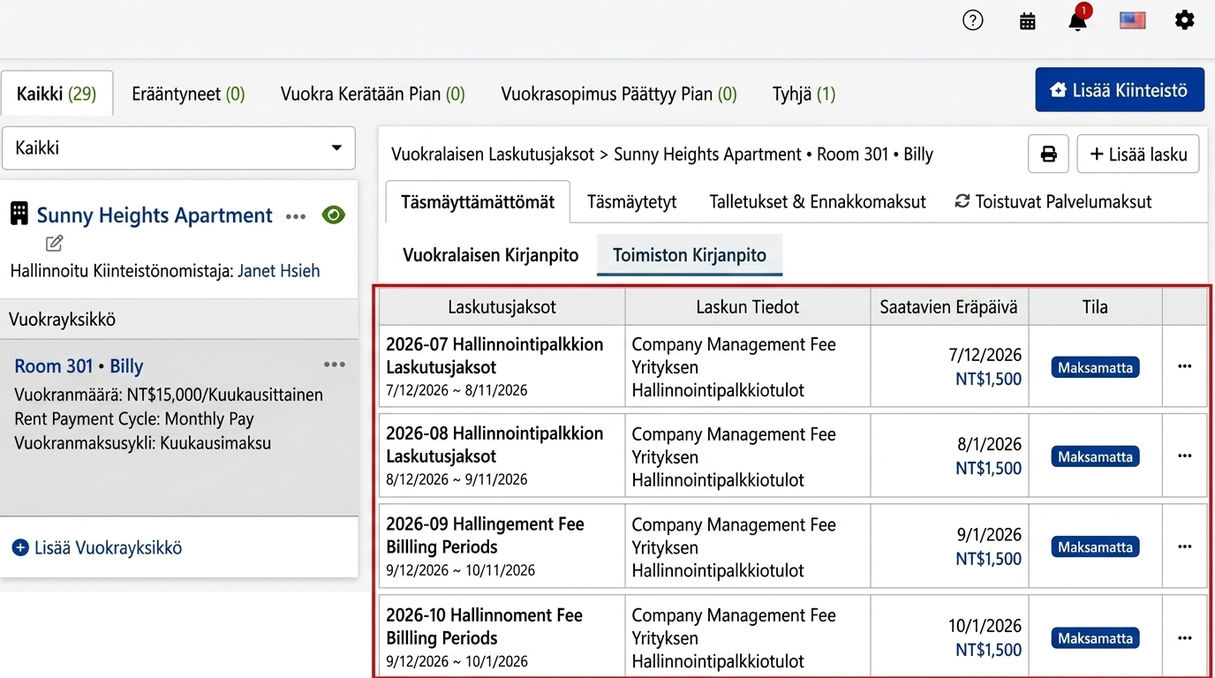 Välitysliikkeen laskutusvälilehti: Järjestelmän automaattisesti luomat toistuvat hallintokulut