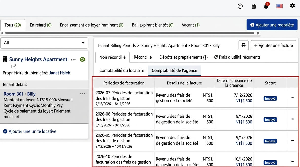 Onglet facturation de l'agence : cycles de frais de gestion récurrents générés automatiquement