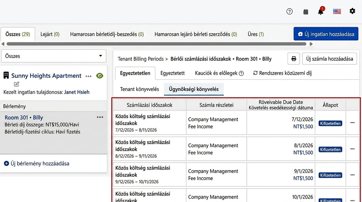 Ügynökség számlázás fül: a rendszer automatikusan generált rendszeres kezelési díj számlázása