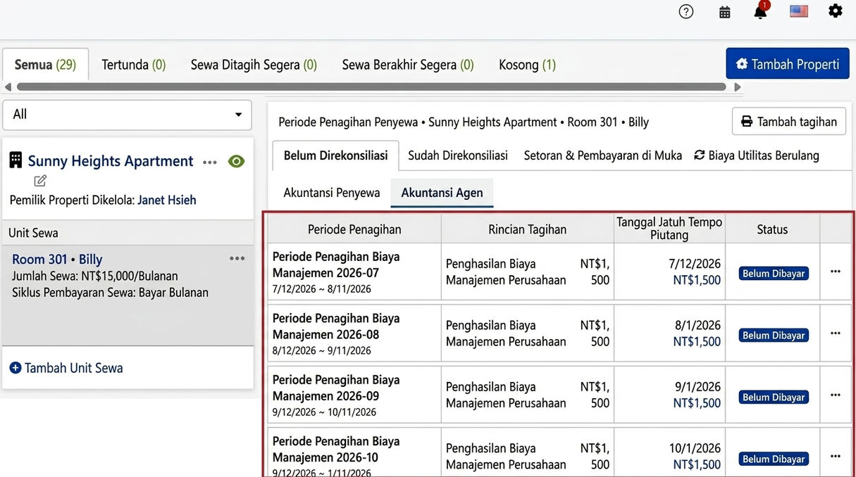 Tab Akuntansi Perusahaan Properti: Periode Biaya Manajemen Berkala yang Dihasilkan Otomatis oleh Sistem