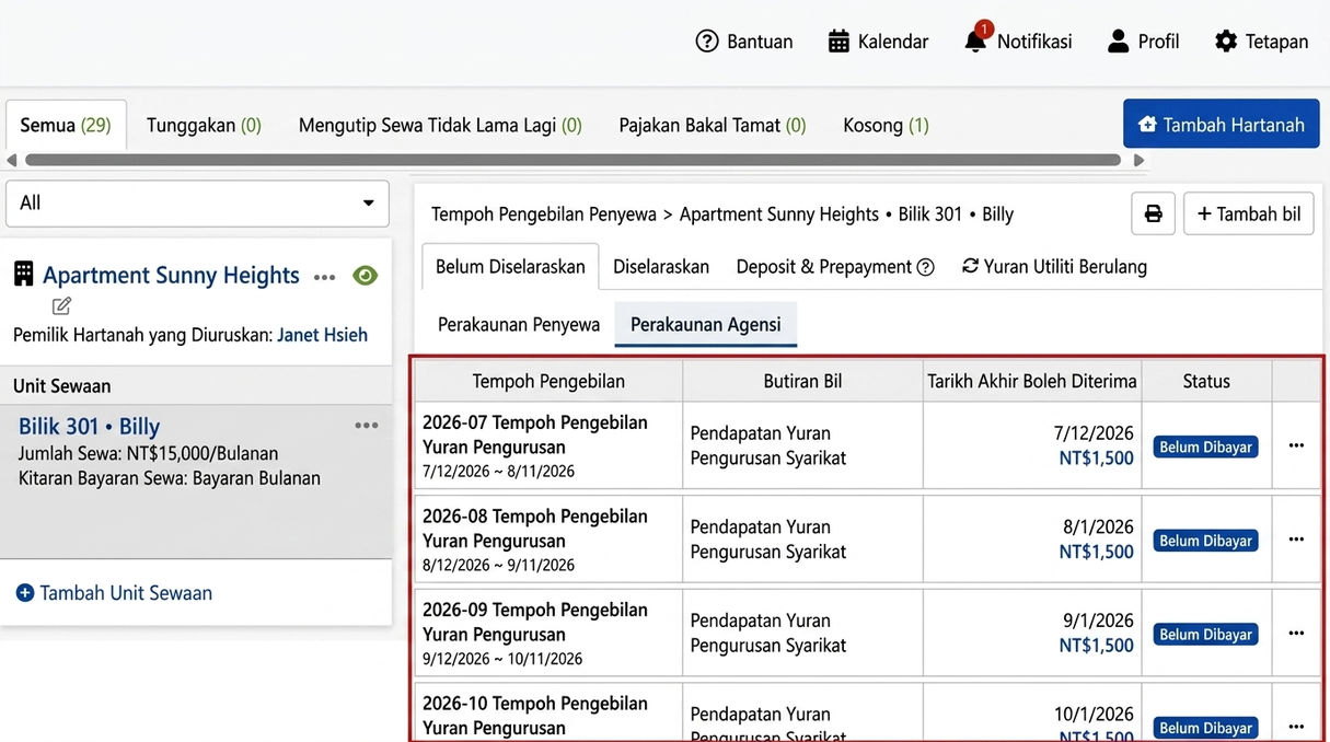 Tab Akaun Agent: Tempoh bil pengurusan berkala yang dihasilkan secara automatik oleh sistem