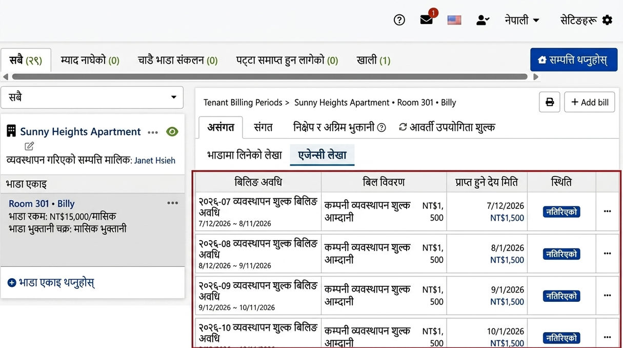 एजेन्ट कम्पनी खाताहरु ट्याब: सिस्टमबाट स्वतः उत्पन्न हुने आवधिक व्यवस्थापन शुल्क लेखापरीक्षण समय