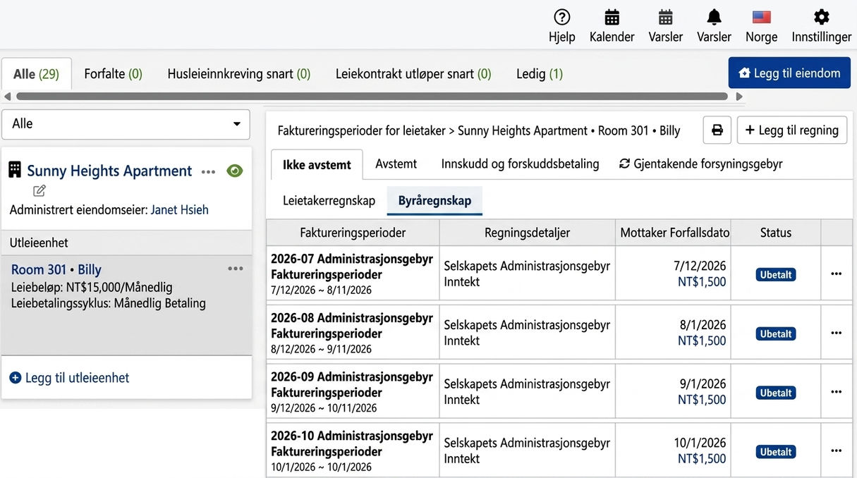 Eiendomsforvaltning fanen: Systemgenererte periodiske administrasjonsgebyrer