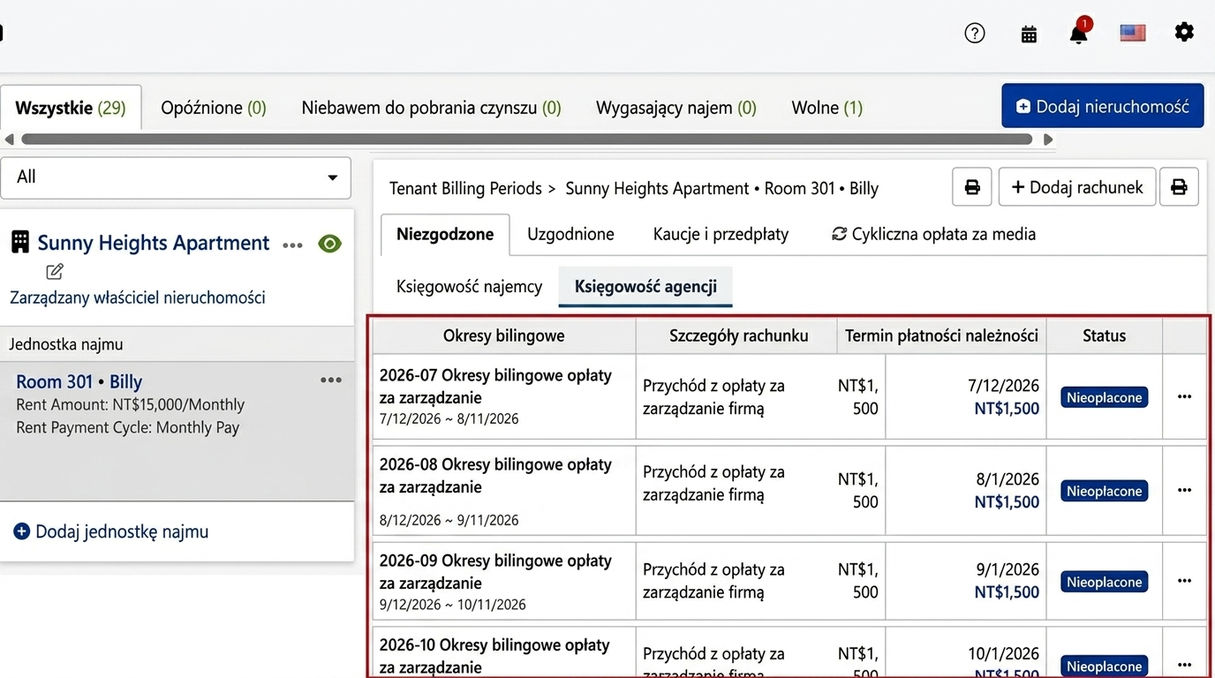 Zakładka finansów agencji: Automatycznie wygenerowane przez system okresy rozliczeniowe opłat zarządczych