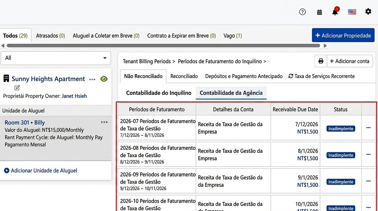 Aba de contas da empresa de gestão: Ciclos de cobrança de taxas de administração gerados automaticamente