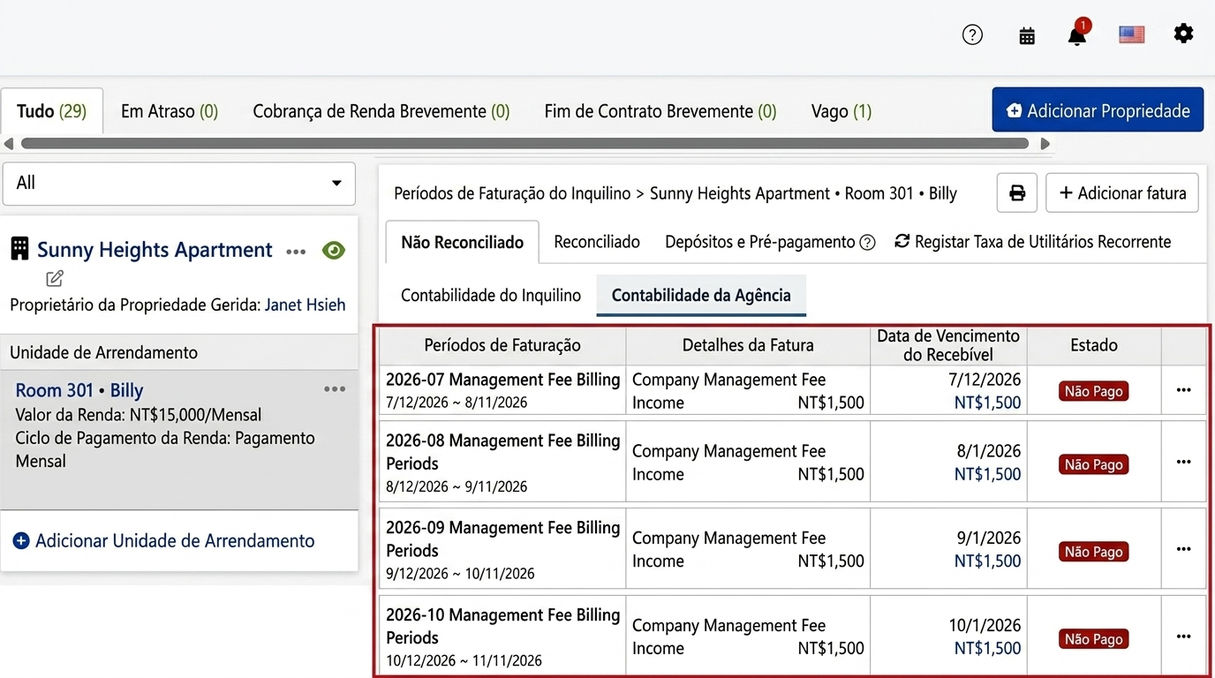 Separador de contas da empresa de mediação: Períodos de gestão periódicos gerados automaticamente pelo sistema