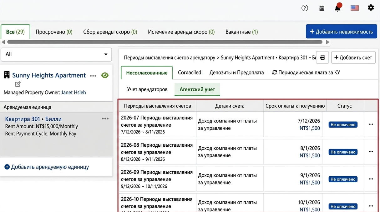 Вкладка счетов агентства: автоматически создаваемый системой периодический счет платы за услуги управления