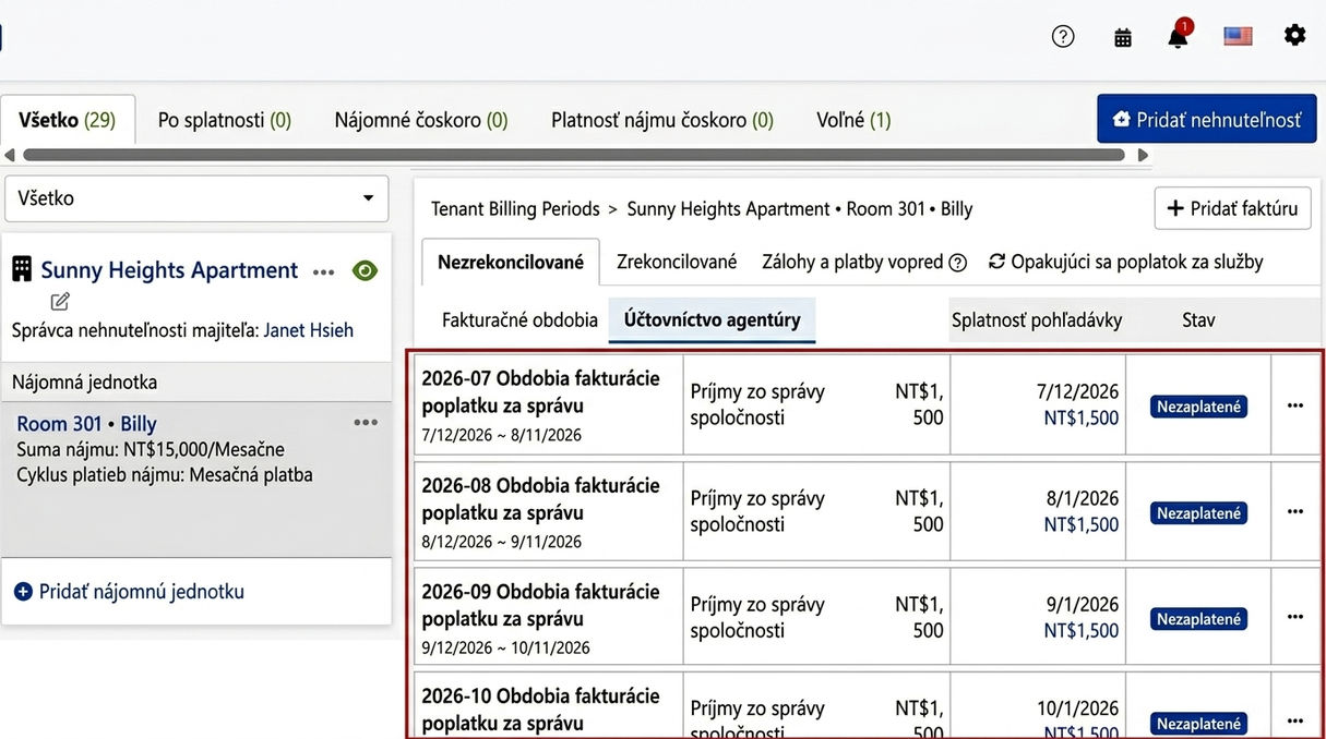 Karta Fakturácia agentúry: Systémom automaticky vygenerované cyklické poplatky za správu.