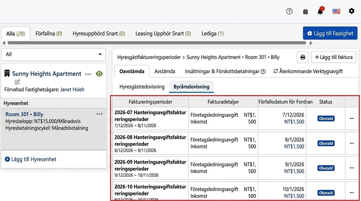 Mäklarfirmans faktureringsflik: Systemet genererar automatiskt periodiska förvaltningsavgifter.