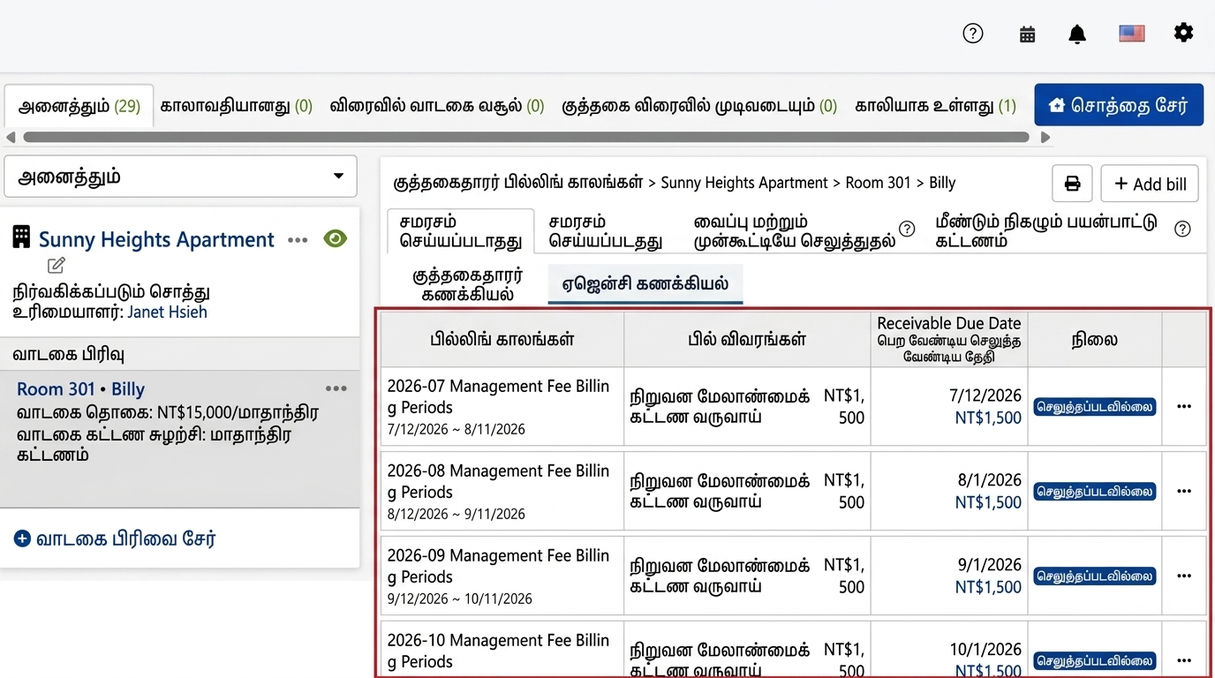 மேலாளி நிறுவன கணக்குகள் தாவலைக் காண்க: சுய இயக்க நிர்வாகக் கட்டண பட்டியல்