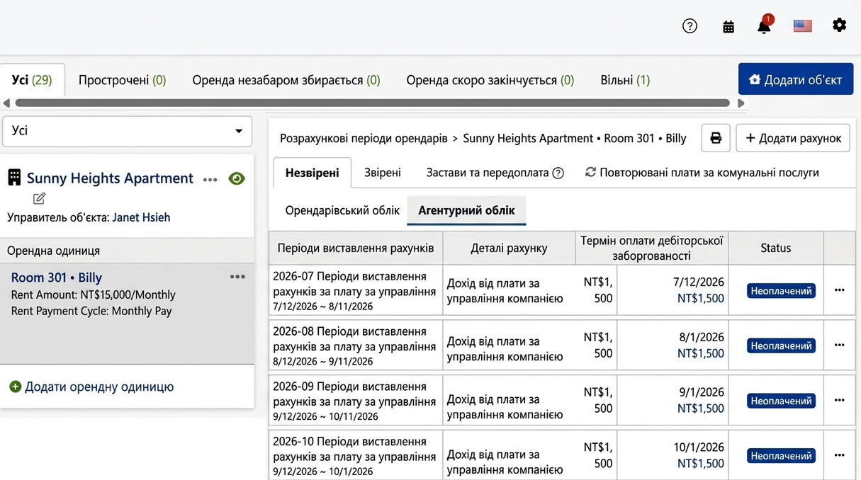Акаунт агентства: автоматично створені системою періодичні рахунки за управління