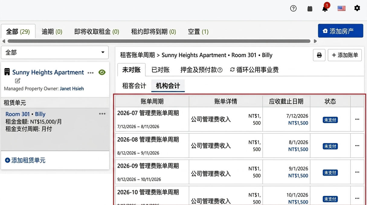 中介公司账务页签：系统自动产生的周期性管理费账期