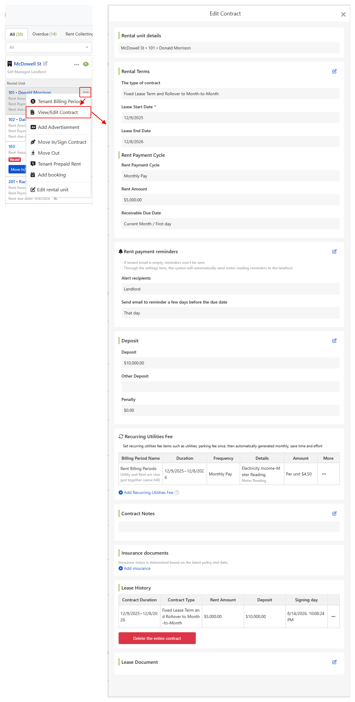 Contract View: Lease terms, deposit, and recurring charges can be modified here
