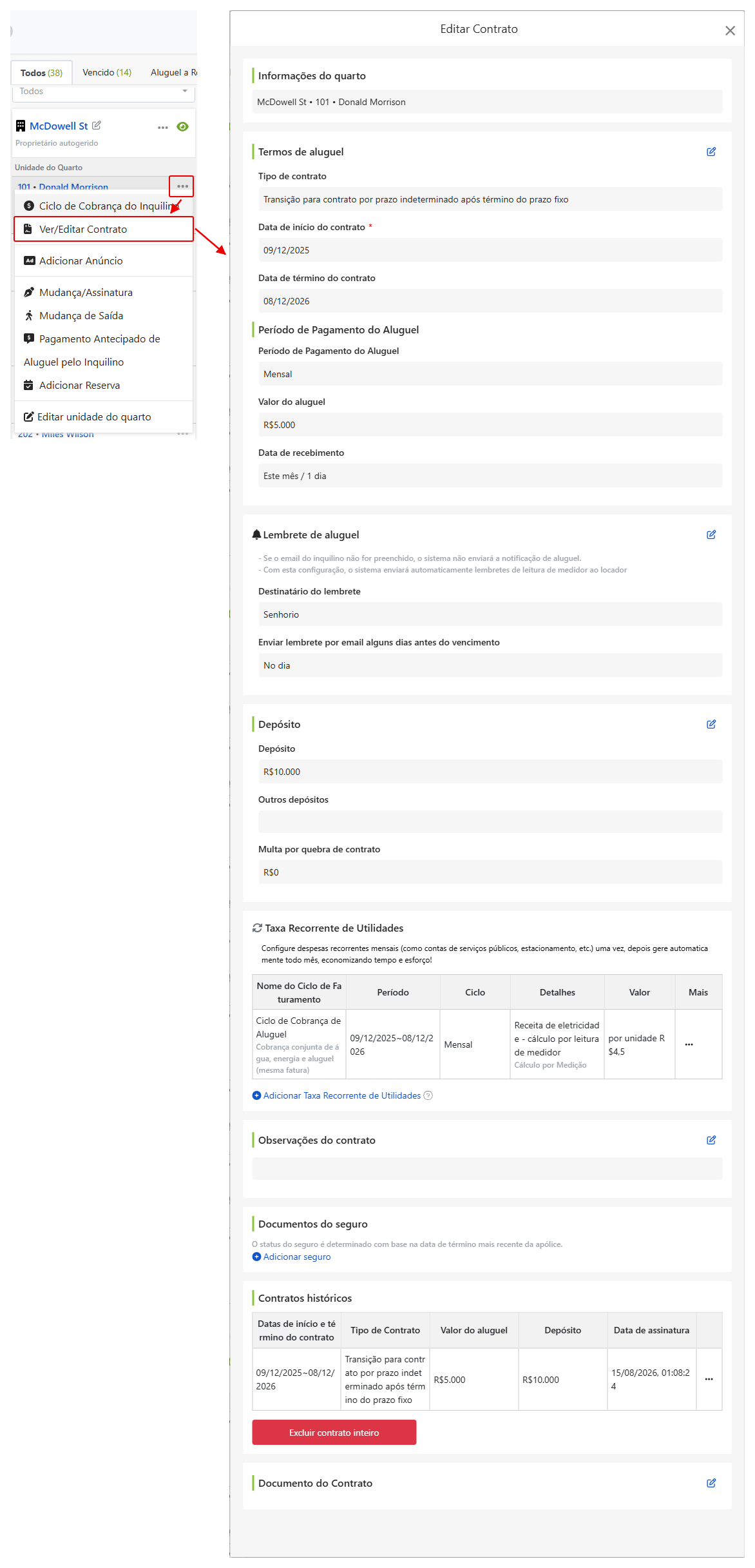 Tela de Visualização do Contrato: Termos do aluguel, Depósito e Cobranças Periódicas podem ser modificados aqui