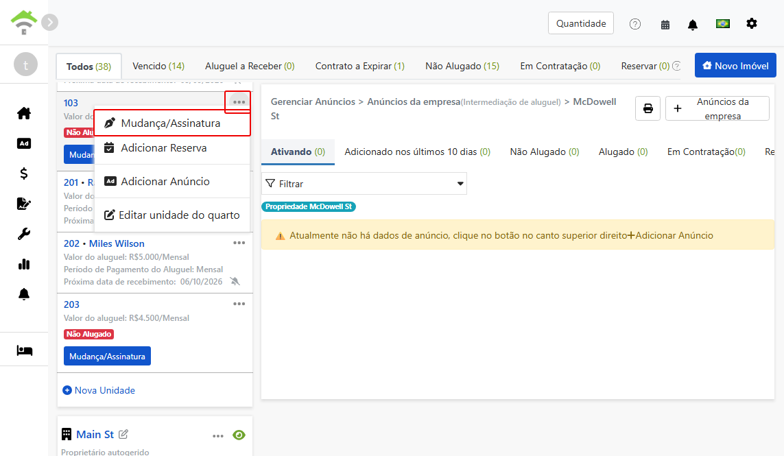Entrada para mudança/contrato no menu de unidades do imóvel