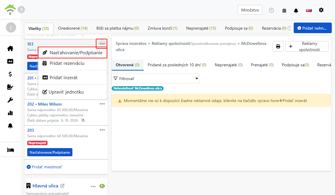 Vstup pre sťahovanie/podpis v ponuke jednotiek izieb