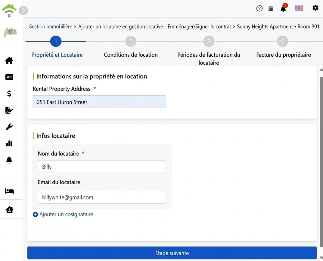 Saisissez le nom et l'email du locataire