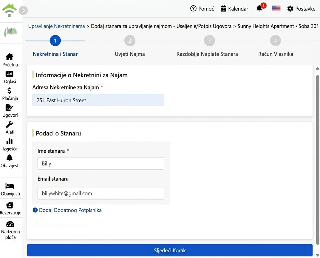 Unesite ime stanara i email