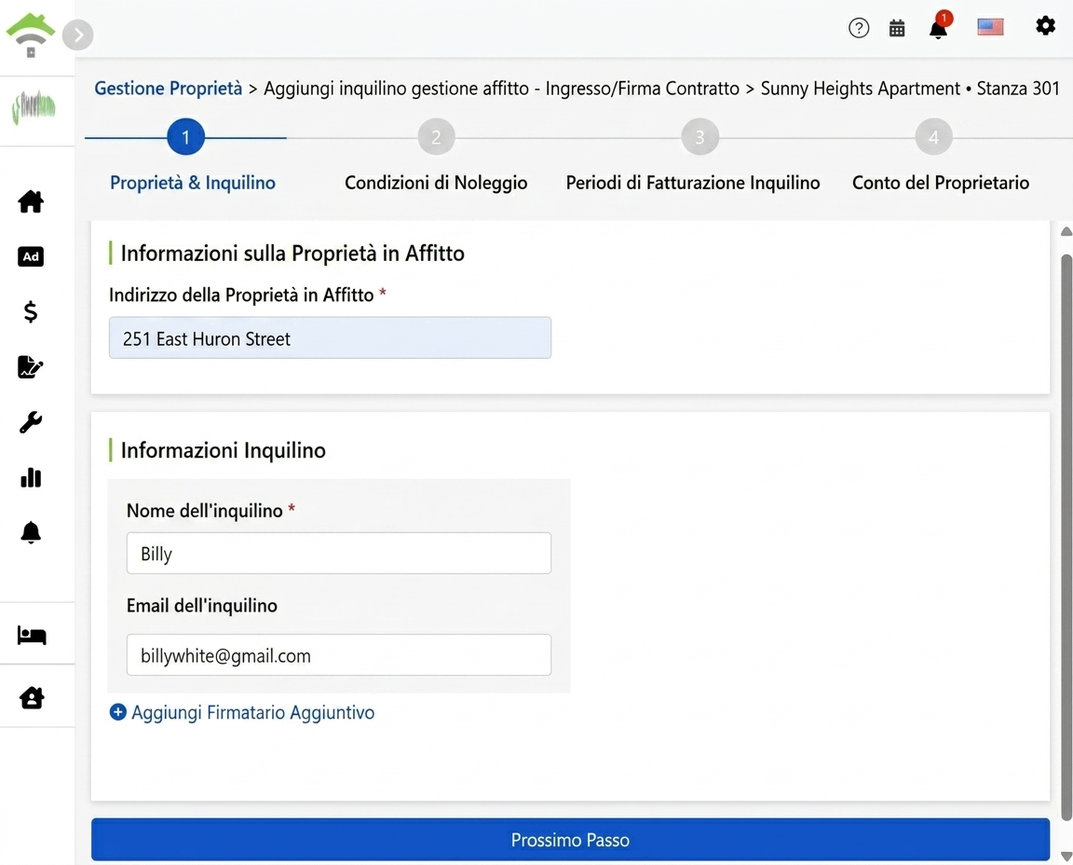 Inserisci nome e Email del locatario