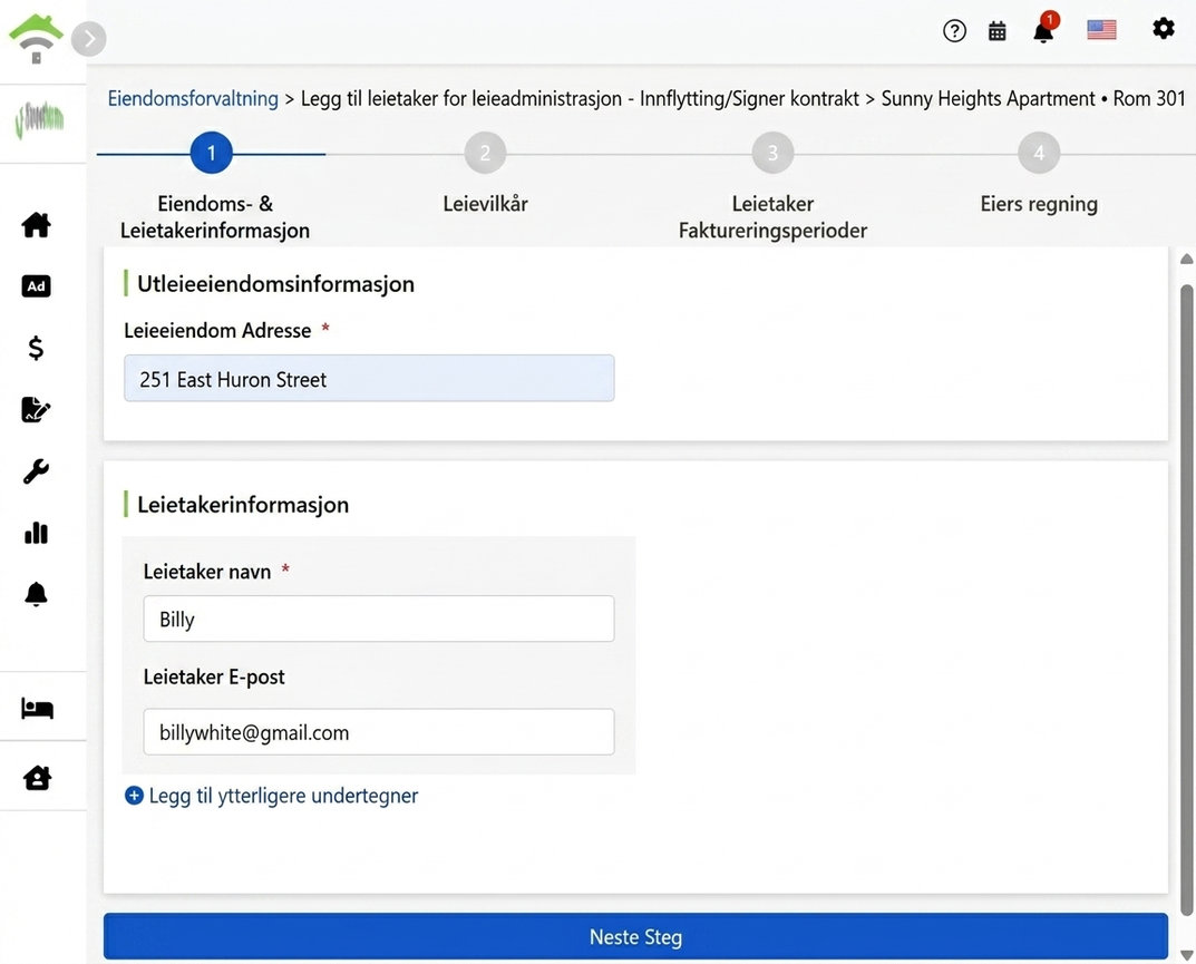 Oppgi leietakers navn og e-post
