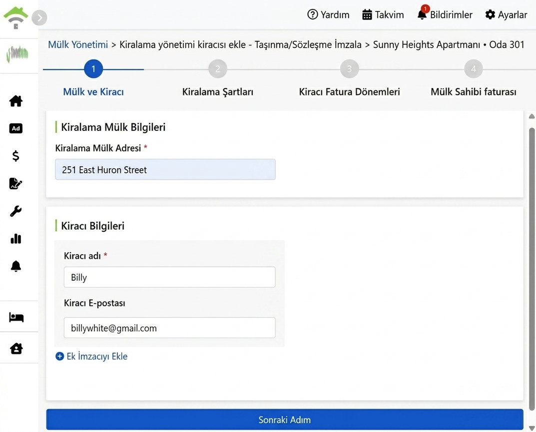 Kiracı adı ve email adresini girin